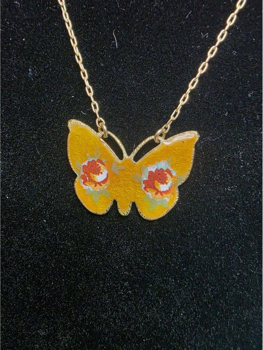 Vintage Yellow Enamel Butterfly Pendant Necklace 14"